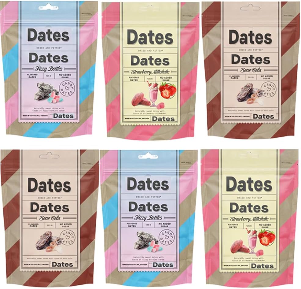 Variety Flavour Sweet with Dates Bag 125g – Strawberry, Sour Cola & Fizzy Bottles Milkshake Sweet Chewy Fruit Snack, Mixed Flavours, Ready to Eat - dvjn (8 x Bags, Random Mixed)