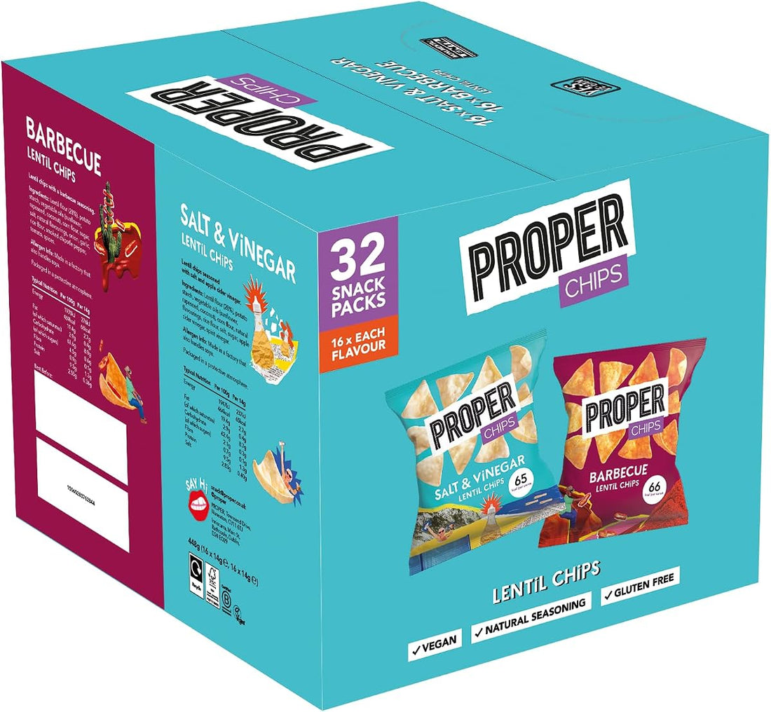 PROPER Multipack Box, Barbecue and Salt & Vinegar Lentil Chips, Vegan, Gluten Free Snacks, 14g, 32 Packs, (16 bags of each flavour)
