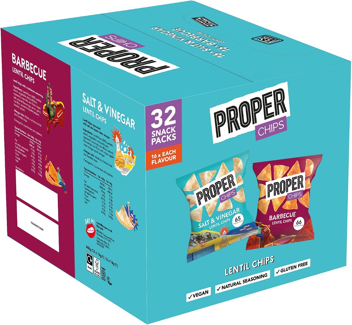 PROPER Multipack Box, Barbecue and Salt & Vinegar Lentil Chips, Vegan, Gluten Free Snacks, 14g, 32 Packs, (16 bags of each flavour)