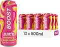 Boost Juic'd Energy Drink Pineapple & Guava Juice Punch - 12 Multipack Carbonated Soft Drinks with Real Fruit, High Caffeine, Taurine and Vitamin B - Fizzy Energy Drink Multipack -