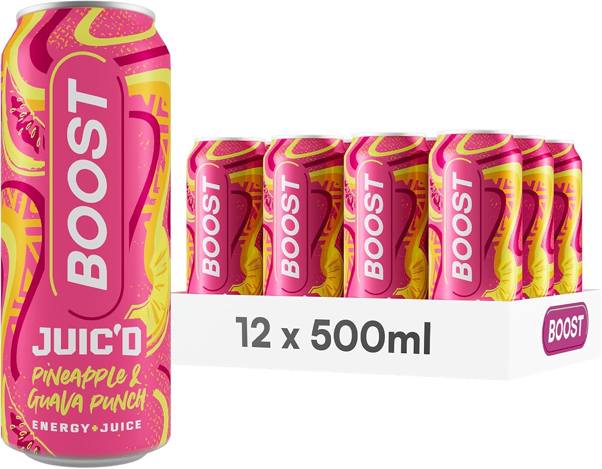 Boost Juic'd Energy Drink Pineapple & Guava Juice Punch - 12 Multipack Carbonated Soft Drinks with Real Fruit, High Caffeine, Taurine and Vitamin B - Fizzy Energy Drink Multipack -