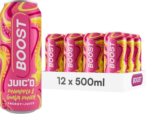 Boost Juic'd Energy Drink Pineapple & Guava Juice Punch - 12 Multipack Carbonated Soft Drinks with Real Fruit, High Caffeine, Taurine and Vitamin B - Fizzy Energy Drink Multipack -