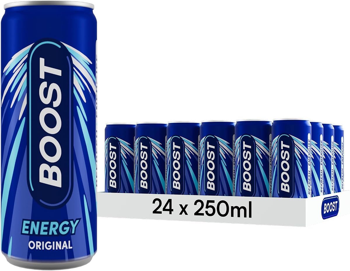 Boost Energy Drink Original Flavour - 24 Pack Drinks with Caffeine, Taurine and Vitamin B - Carbonated Energy Drinks - Gluten Free Vegan Low Calorie Fizzy Drinks Multipack - 24x250