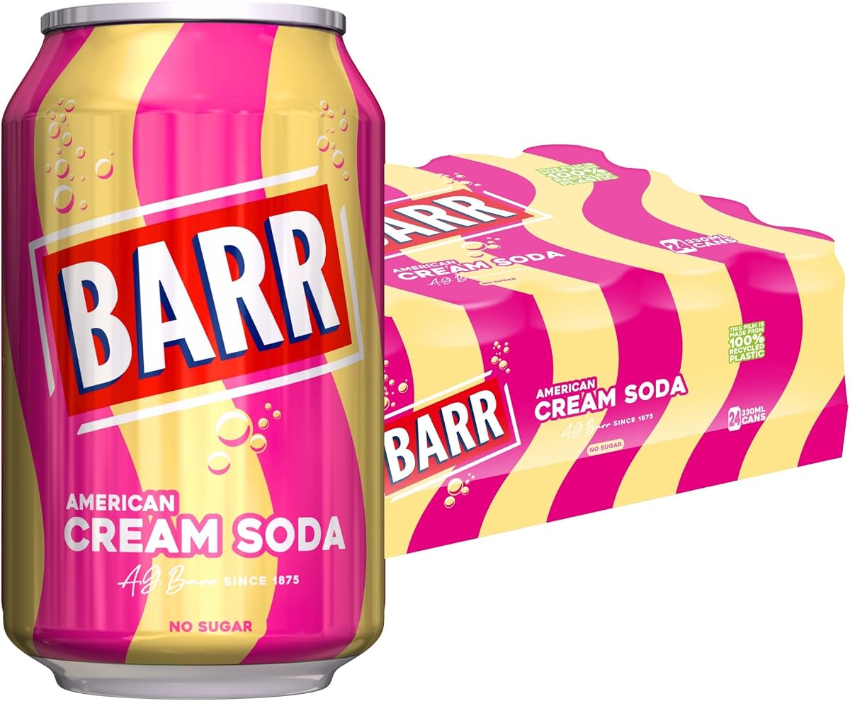 BARR 24 Pack American Cream Soda, Zero No Sugar Sparkling Soft Drink with a Creamy Taste of American Cream Soda Fizzy Pop, 24