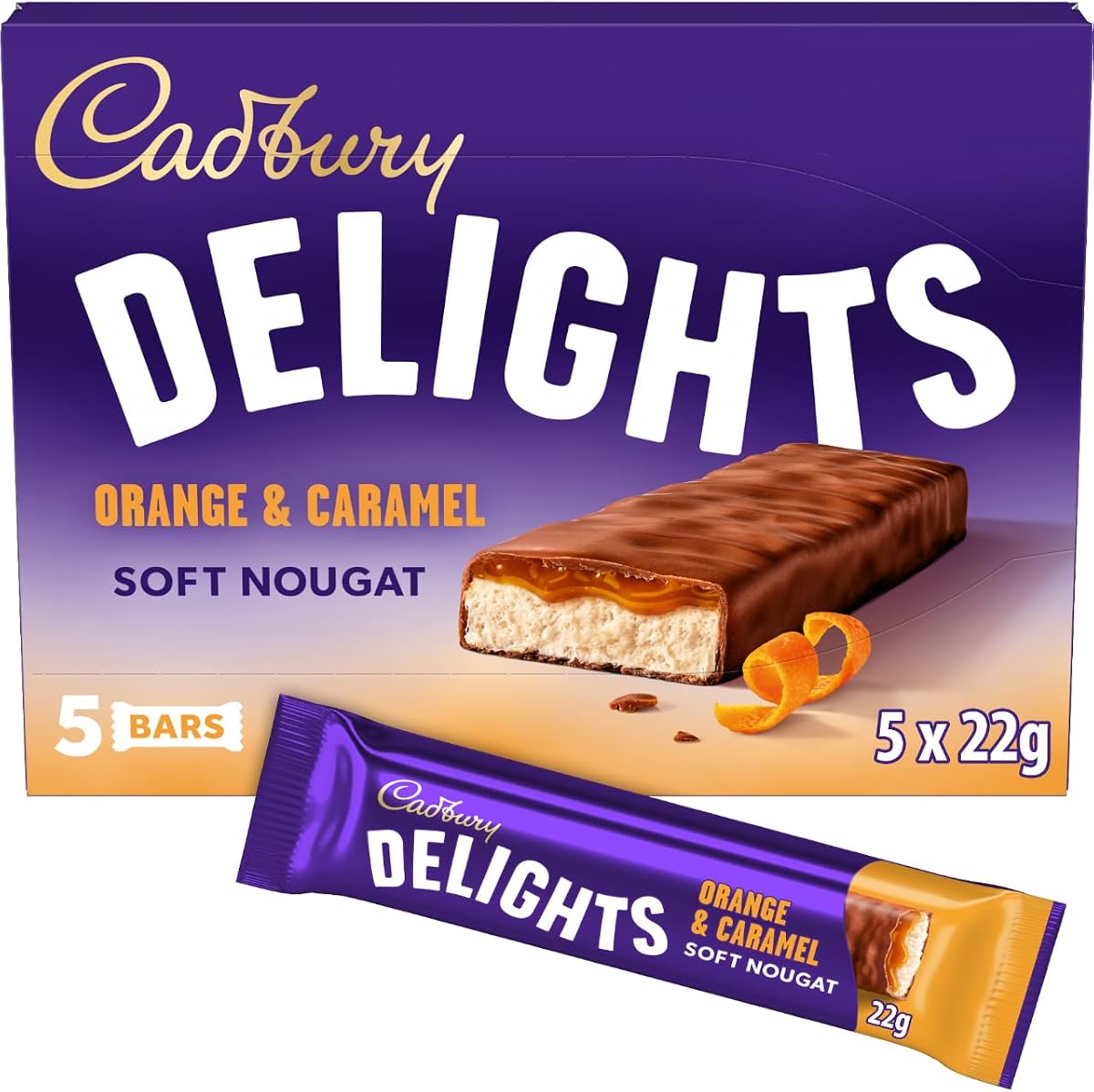 Cadbury Delights Soft Nougat Orange & Caramel Bars, Chewy Nougat Bars With Orange & Caramel, Multipack of 5 x 22 g (Pack of 1)