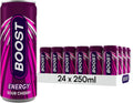 Boost Energy Drink Cherry Flavour - 24 Pack Drinks with Caffeine, Taurine and Vitamin B Carbonated Energy Drinks Gluten Free Vegan Low Calorie Fizzy Drinks Multipack 24x250ml