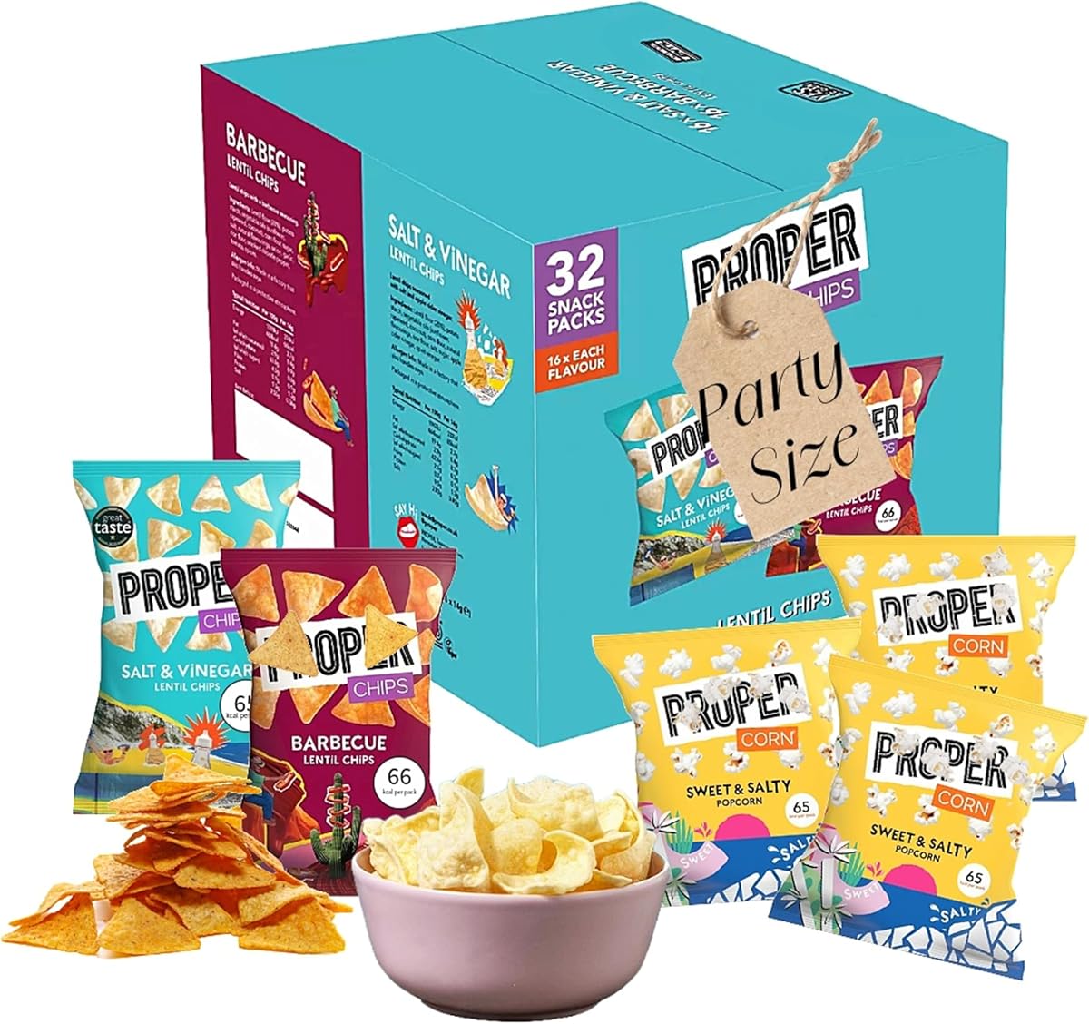 Gluten Free Lentil Crisps Multipack - Box of 32 Vegan Lentil Chips BBQ & Salt Vinegar Low Calorie Snacks with EXTRA 3 x 14g Sweet & Salty Popcorn Bags. Healthy Snacks for Lunch Box