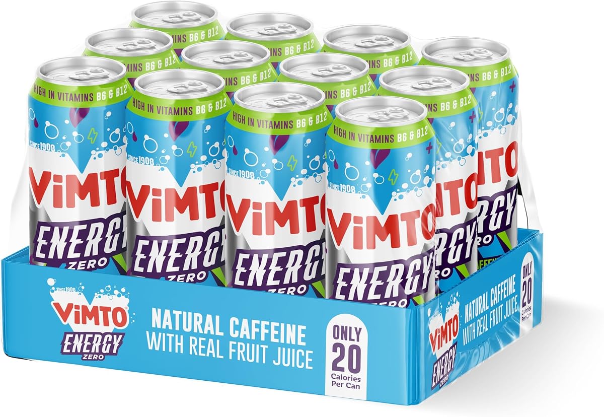 Vimto Original Energy Drink 500ml Cans (12 Pack) – No Added Sugar, Real Fruit Juice, Natural Caffeine & B Vitamins – Fruity Prime Energy Boost, Sparkling Juice Drink
