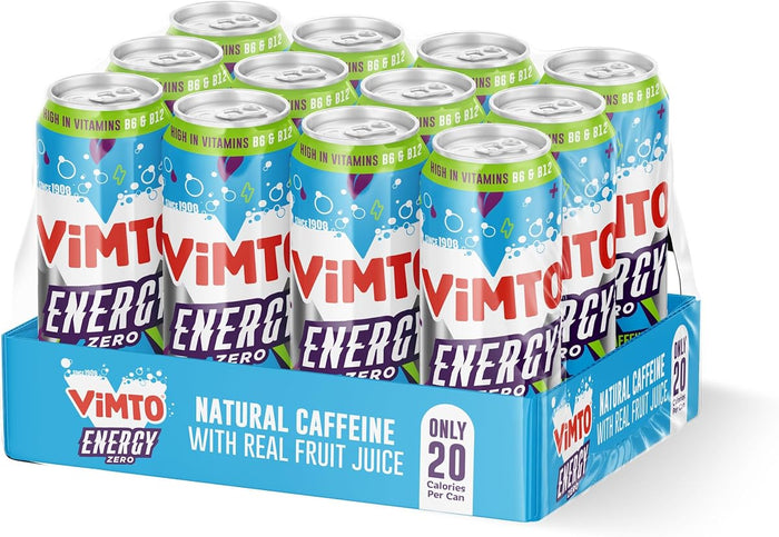 Vimto Original Energy Drink 500ml Cans (12 Pack) – No Added Sugar, Real Fruit Juice, Natural Caffeine & B Vitamins – Fruity Prime Energy Boost, Sparkling Juice Drink