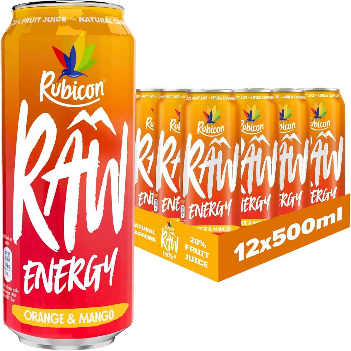 Rubicon RAW 12 Pack Orange & Mango 500ml Energy Drink, 20% Real Fruit Juice, High caffeine with B-Vitamins, Ginseng & Guarana, No Artificial Colours or Flavours, Reduce Tiredness &