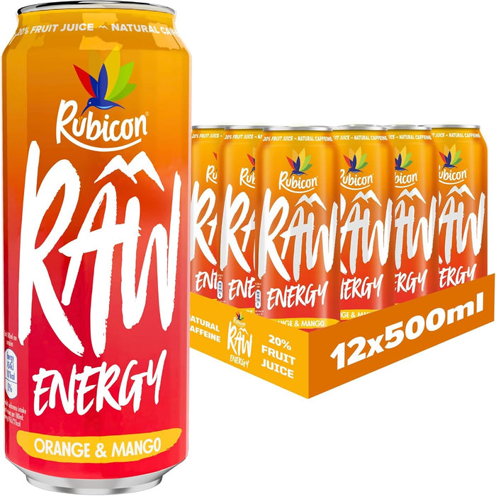 Rubicon RAW 12 Pack Orange & Mango 500ml Energy Drink, 20% Real Fruit Juice, High caffeine with B-Vitamins, Ginseng & Guarana, No Artificial Colours or Flavours, Reduce Tiredness &
