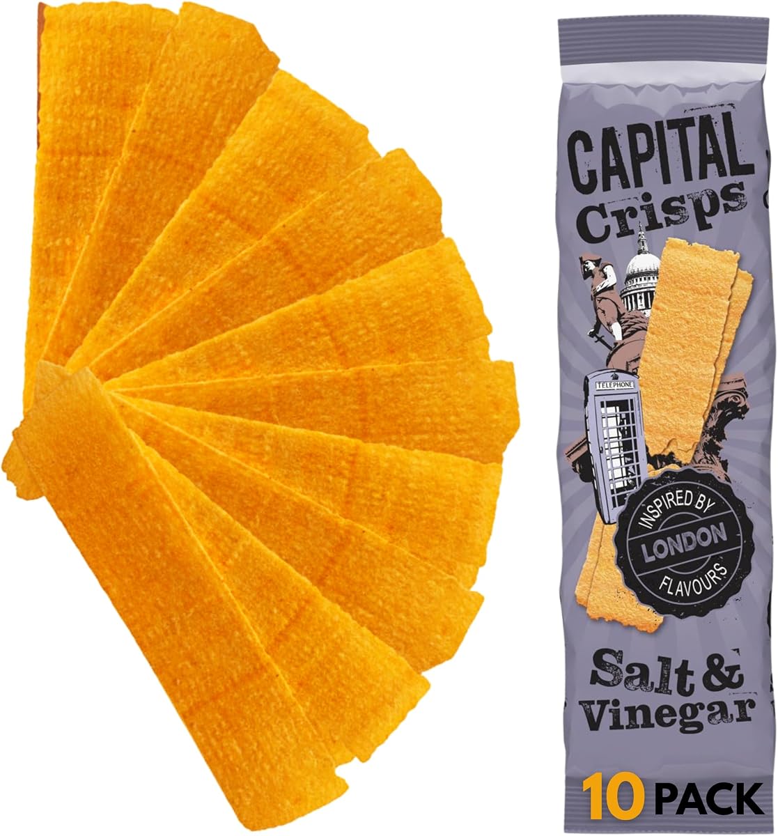 Capital Crisps London Salt & Vinegar Pack of 10 x 75g - Elongated Crisps. Multipack Crisps, Vegetarian Snacks, Healthy Snack