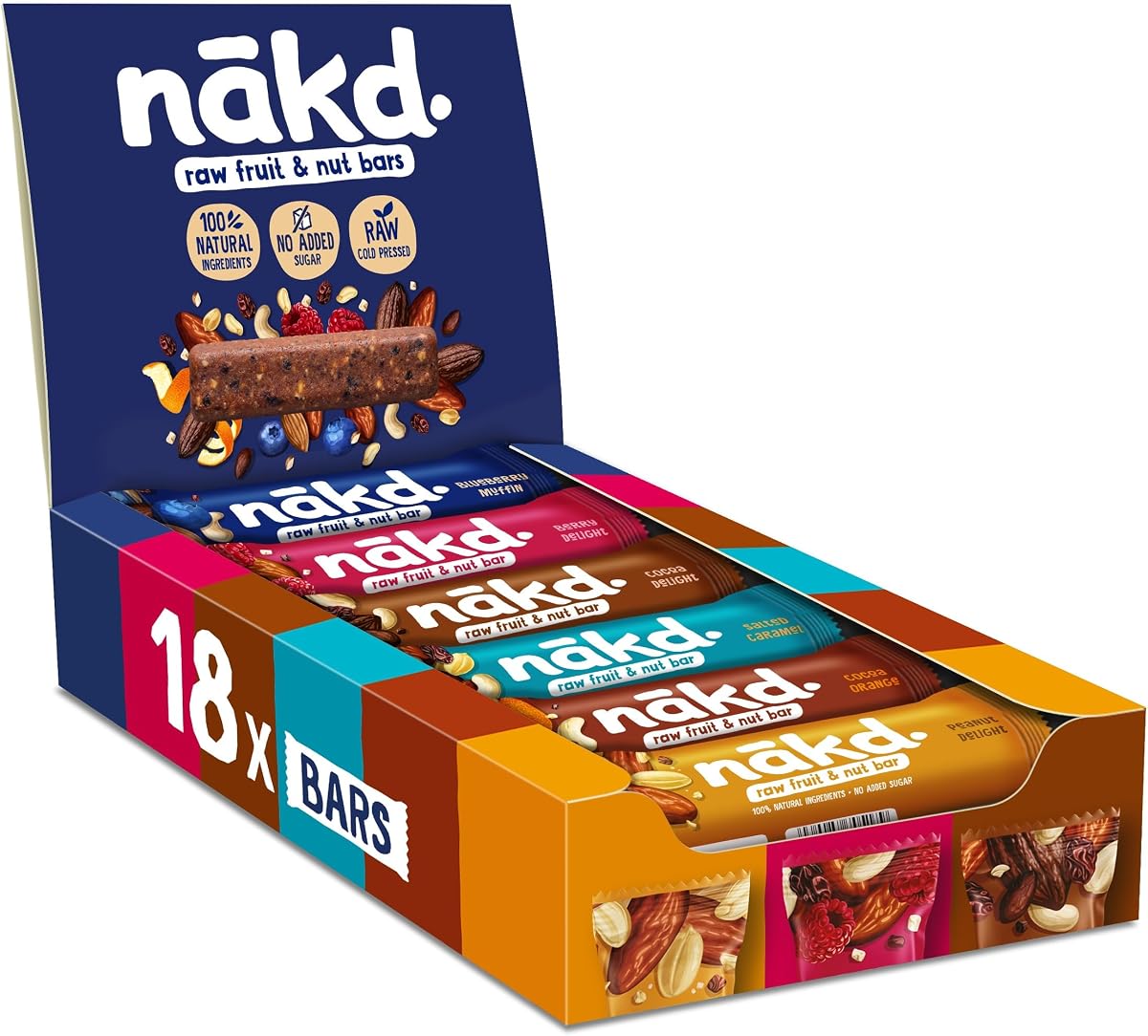 nakd. Variety pack - Raw fruit & nut bars - 100% natural ingredients - No added sugar - Vegan - Gluten free - 18 x 35g bars