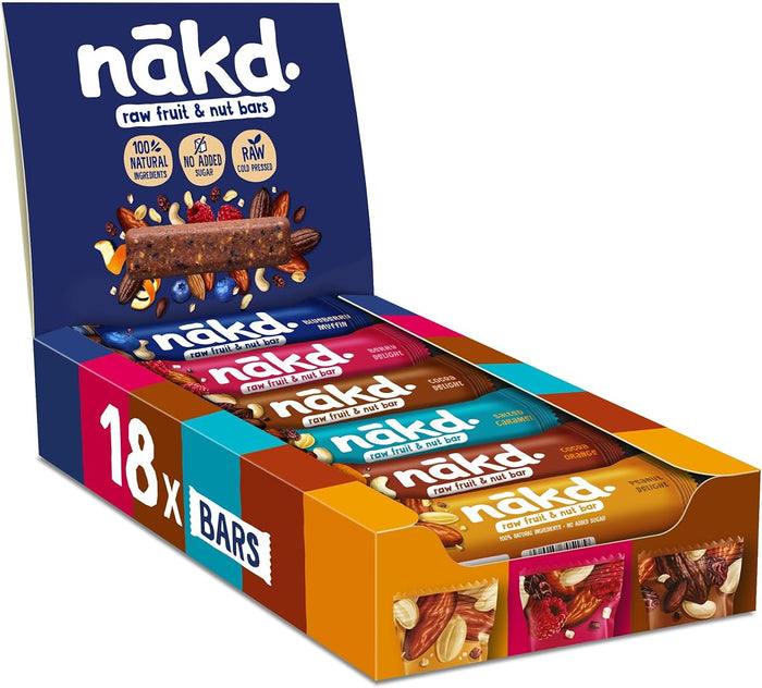 nakd. Variety pack - Raw fruit & nut bars - 100% natural ingredients - No added sugar - Vegan - Gluten free - 18 x 35g bars