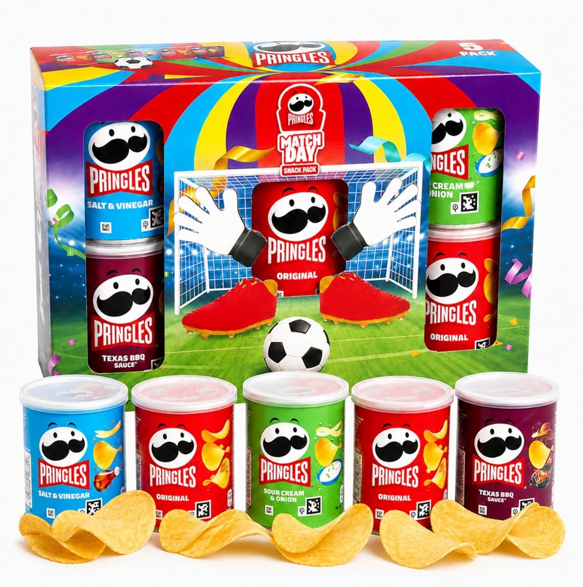 Assorted Pringles Crisps Multipack Box - Match Day 5 x 40g Pringles Multipack Tins - Includes 2 Original, 1 Texas BBQ, 1 Salt & Vinegar, 1 Sour Cream & Onion – WorldCup Football Sn