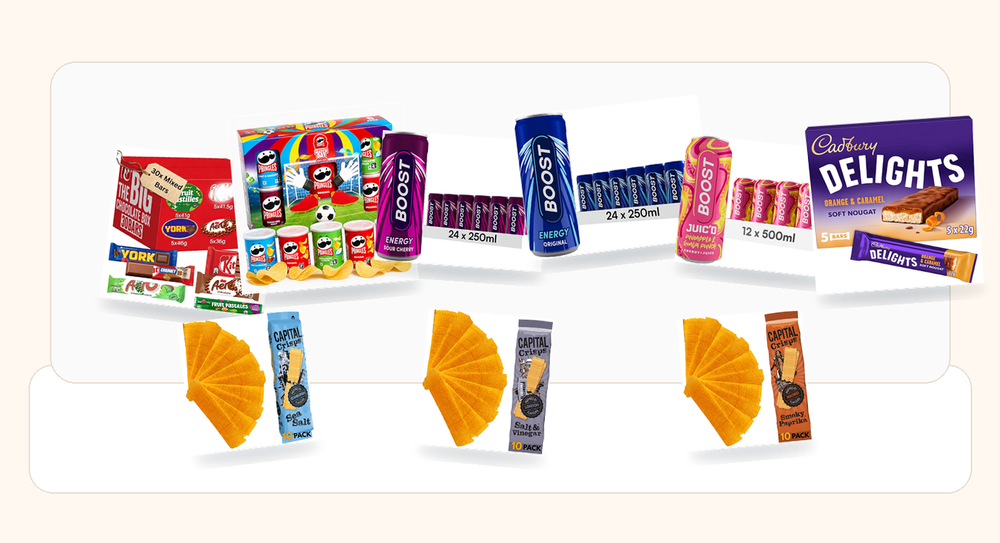 Real drinks, crisps, chocolate, biscuits and snack products